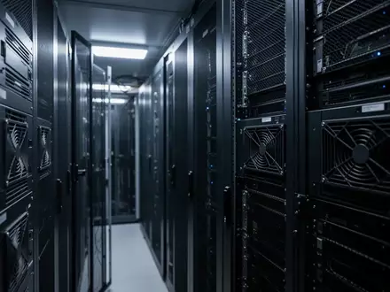 Dunkler Serverraum mit unbeleuchteten Hardware-Racks und geometrischen Metallstrukturen in kühlem Licht. - Foto: über boerse-global.de