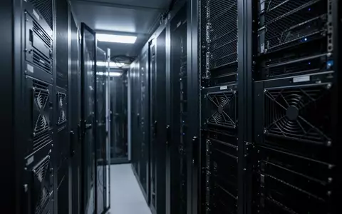 Dunkler Serverraum mit unbeleuchteten Hardware-Racks und geometrischen Metallstrukturen in kühlem Licht. - Foto: über boerse-global.de