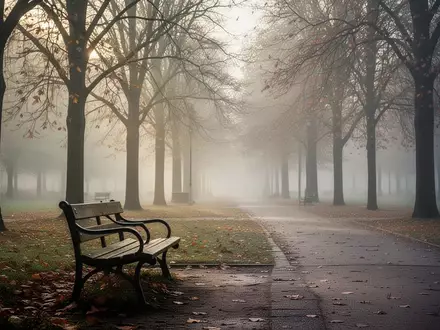 Eine einsame Parkbank in einer nebligen, herbstlichen Parkanlage bei natürlichem Morgenlicht. - Foto: über boerse-global.de