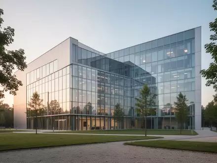 Moderne, minimalistische Krankenhausfassade aus Glas und Stahl in einer ruhigen, begrünten Umgebung. - Foto: über boerse-global.de
