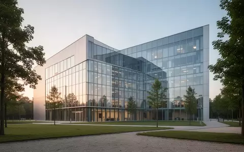Moderne, minimalistische Krankenhausfassade aus Glas und Stahl in einer ruhigen, begrünten Umgebung. - Foto: über boerse-global.de