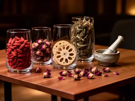 Nahaufnahme von getrockneten Goji-Beeren, Lotuswurzeln und Rosenblättern auf einem Holztisch in einer gedimmten Bar. - Foto: über boerse-global.de