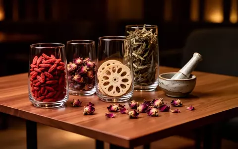 Nahaufnahme von getrockneten Goji-Beeren, Lotuswurzeln und Rosenblättern auf einem Holztisch in einer gedimmten Bar. - Foto: über boerse-global.de