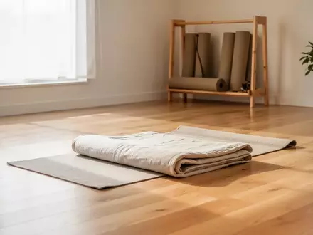Ein heller, minimalistischer Yogaraum mit Holzboden, einer ordentlich zusammengelegten Matte und natürlichem Licht. - Foto: über boerse-global.de