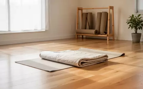 Ein heller, minimalistischer Yogaraum mit Holzboden, einer ordentlich zusammengelegten Matte und natürlichem Licht. - Foto: über boerse-global.de