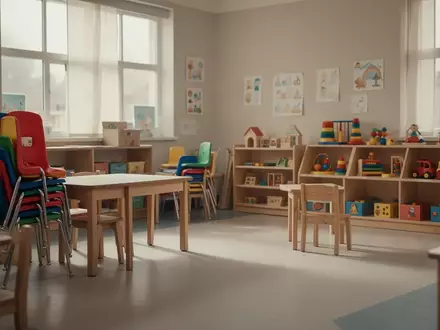 Ein leerer, ruhiger Gruppenraum in einer Kindertagesstätte mit ordentlich aufgestellten Stühlen und Spielzeug in natürlichem Licht. - Foto: über boerse-global.de