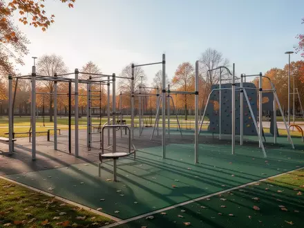 Eine moderne, weitläufige Freizeitanlage im Freien mit Klettergerüsten und Sportgeräten in einer Grünanlage bei Tageslicht. - Foto: über boerse-global.de
