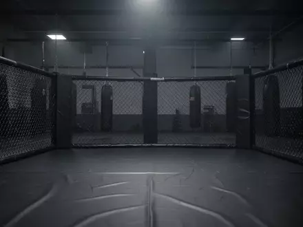 Ein leerer MMA-Trainingsring mit schwarzem Boden und Metallzaun in einem minimalistischen, abgedunkelten Fitnessstudio. - Foto: über boerse-global.de