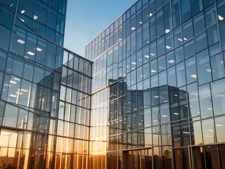 Moderne Glasfassade eines Bürogebäudes bei Sonnenuntergang als Symbol für den Erneuerbare-Energien-Sektor. - Foto: über boerse-global.de