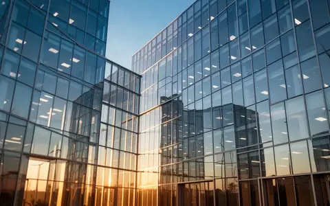 Moderne Glasfassade eines Bürogebäudes bei Sonnenuntergang als Symbol für den Erneuerbare-Energien-Sektor. - Foto: über boerse-global.de