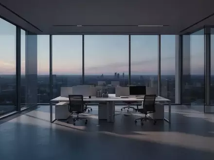 Ein leeres, minimalistisches Büro in der Dämmerung mit weichem, natürlichem Licht und architektonischen Schatten. - Foto: über boerse-global.de