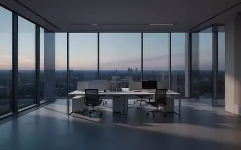 Ein leeres, minimalistisches Büro in der Dämmerung mit weichem, natürlichem Licht und architektonischen Schatten. - Foto: über boerse-global.de