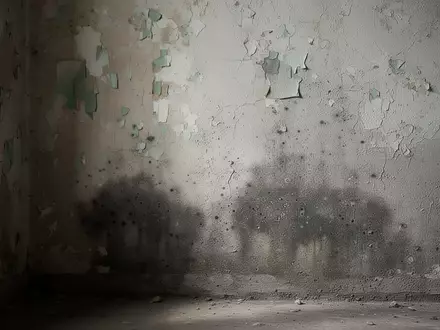 Nahaufnahme einer feuchten, verputzten Wand mit deutlichen Spuren von Feuchtigkeit und abblätternder Farbe. - Foto: über boerse-global.de