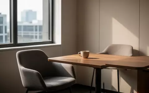 Ein minimalistischer Pausenraum mit einem leeren Becher auf einem Holztisch in einem hellen, ruhigen Bürogebäude. - Foto: über boerse-global.de