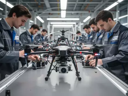 Techniker bei der Montage von Industriedrohnen in einer modernen Fertigungshalle der Luft- und Raumfahrt. - Foto: über boerse-global.de