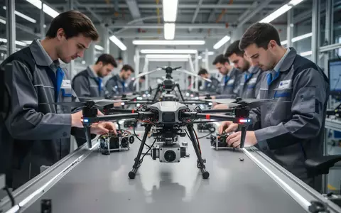 Techniker bei der Montage von Industriedrohnen in einer modernen Fertigungshalle der Luft- und Raumfahrt. - Foto: über boerse-global.de