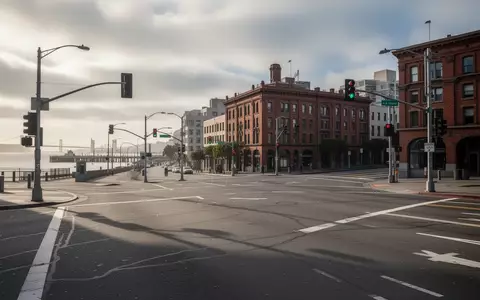 Eine menschenleere Straßenkreuzung in San Francisco nahe dem Hafenviertel bei bewölktem Himmel. - Foto: über boerse-global.de