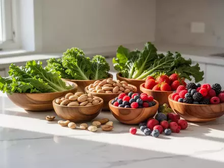 Frische, gesunde Lebensmittel wie grünes Blattgemüse, Nüsse und Beeren in einer hellen, minimalistischen Küche bei Tageslicht. - Foto: über boerse-global.de