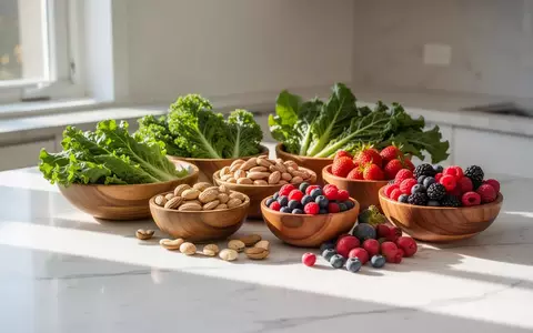 Frische, gesunde Lebensmittel wie grünes Blattgemüse, Nüsse und Beeren in einer hellen, minimalistischen Küche bei Tageslicht. - Foto: über boerse-global.de