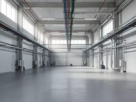 Innenansicht einer modernen, sauberen Industriehalle mit sichtbaren Kabeltrassen an der Decke und neutralem Industrieboden. - Foto: ĂĽber boerse-global.de