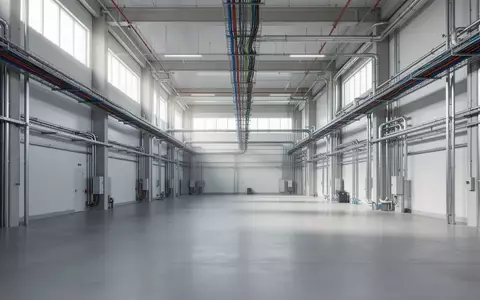 Innenansicht einer modernen, sauberen Industriehalle mit sichtbaren Kabeltrassen an der Decke und neutralem Industrieboden. - Foto: über boerse-global.de