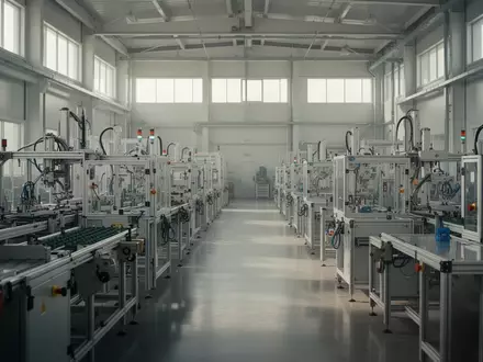 Moderne, leere Industriehalle mit automatisierten Arbeitsplätzen und neutraler Lichtstimmung. - Foto: über boerse-global.de