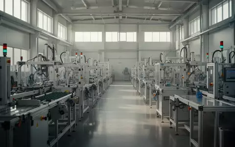 Moderne, leere Industriehalle mit automatisierten Arbeitsplätzen und neutraler Lichtstimmung. - Foto: über boerse-global.de