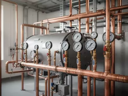 Ein moderner Heizungsraum mit industriellen Kupferrohren und Messgeräten in einer sauberen, professionellen Umgebung. - Foto: über boerse-global.de