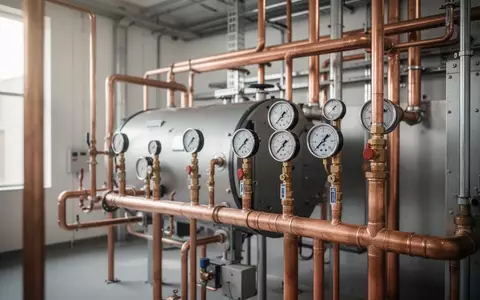 Ein moderner Heizungsraum mit industriellen Kupferrohren und Messgeräten in einer sauberen, professionellen Umgebung. - Foto: über boerse-global.de
