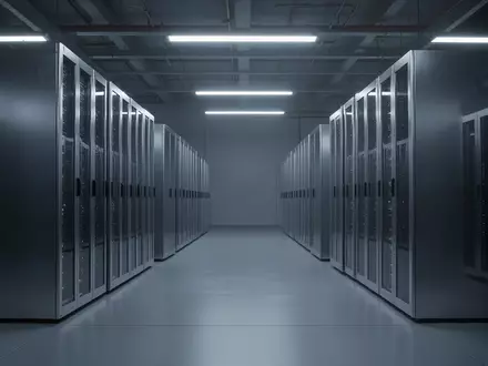 Eine weitläufige, moderne Serverinfrastruktur in einem minimalistischen, industriellen Raum mit kühler Beleuchtung. - Foto: über boerse-global.de