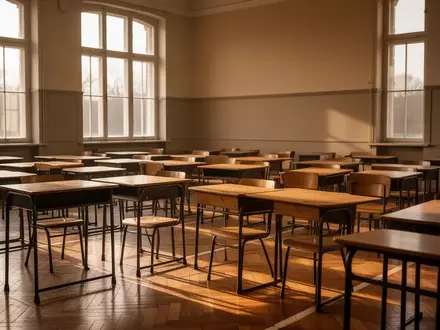 Ein leerer, sonnendurchfluteter Klassenraum in einem Gymnasium mit ordentlich aufgestellten Holztischen und StĂĽhlen. - Foto: ĂĽber boerse-global.de