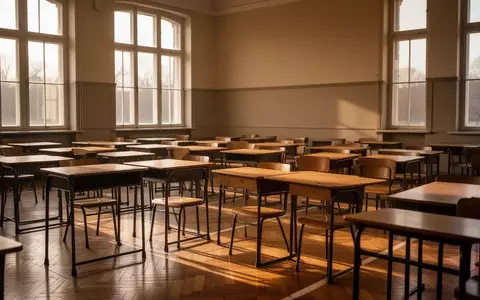 Ein leerer, sonnendurchfluteter Klassenraum in einem Gymnasium mit ordentlich aufgestellten Holztischen und Stühlen. - Foto: über boerse-global.de