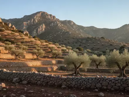 Sonnendurchflutete, hügelige Berglandschaft auf Sardinien mit alten Olivenbäumen und terrassierten Steinhängen. - Foto: über boerse-global.de