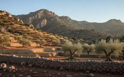 Sonnendurchflutete, hügelige Berglandschaft auf Sardinien mit alten Olivenbäumen und terrassierten Steinhängen. - Foto: über boerse-global.de