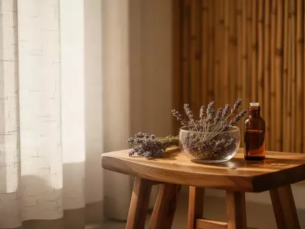 Ein minimalistischer Wellnessraum mit Sonnenlicht, Lavendelblüten in einer Schale und einer kleinen Glasflasche. - Foto: über boerse-global.de