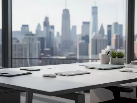 Moderner Büroarbeitsplatz mit Blick auf eine Skyline bei Tageslicht - Foto: über boerse-global.de