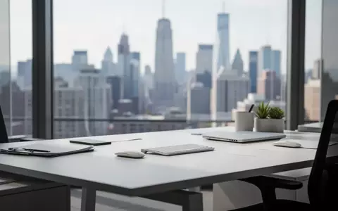 Moderner Büroarbeitsplatz mit Blick auf eine Skyline bei Tageslicht - Foto: über boerse-global.de