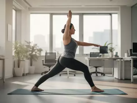 Eine Person praktiziert Yoga in einem hellen, modernen Büro, um Stress abzubauen. - Foto: über boerse-global.de
