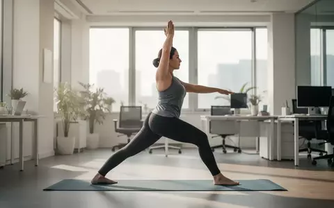 Eine Person praktiziert Yoga in einem hellen, modernen Büro, um Stress abzubauen. - Foto: über boerse-global.de