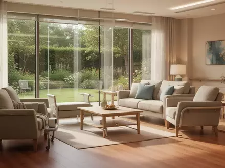 Ein helles, modern eingerichtetes Wohnzimmer mit seniorengerechtem Design und Blick in einen ruhigen Garten. - Foto: über boerse-global.de
