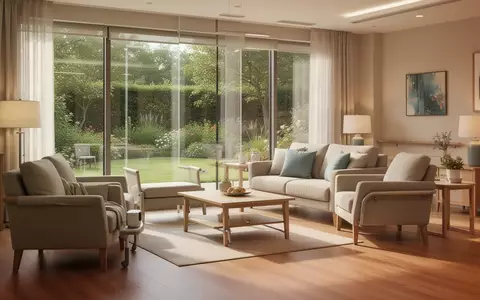 Ein helles, modern eingerichtetes Wohnzimmer mit seniorengerechtem Design und Blick in einen ruhigen Garten. - Foto: über boerse-global.de