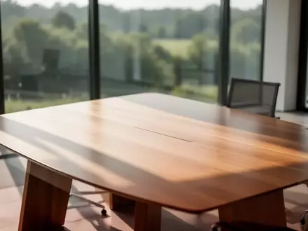 Ein leerer, moderner Konferenztisch in einem hellen, minimalistischen Büro mit Blick in eine grüne Landschaft. - Foto: über boerse-global.de