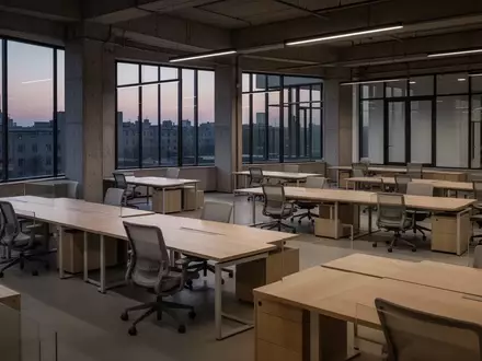 Ein leeres, minimalistisches Büro mit Holztischen und Stühlen in einem modernen, lichtdurchfluteten Raum. - Foto: über boerse-global.de