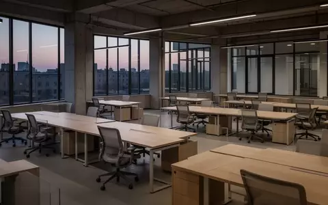 Ein leeres, minimalistisches Büro mit Holztischen und Stühlen in einem modernen, lichtdurchfluteten Raum. - Foto: über boerse-global.de