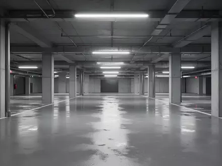 Leere, moderne Tiefgarage mit Betonpfeilern und reflektierendem Boden. - Foto: über boerse-global.de