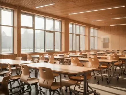 Heller, moderner Speisesaal in einer Schule mit leeren Holztischen und Stühlen bei natürlichem Tageslicht. - Foto: über boerse-global.de