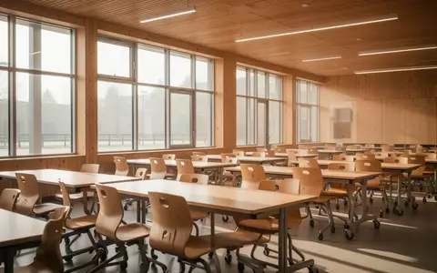 Heller, moderner Speisesaal in einer Schule mit leeren Holztischen und Stühlen bei natürlichem Tageslicht. - Foto: über boerse-global.de
