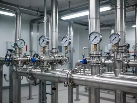 Industrielle Rohrleitungen und Ventile einer modernen Wasseranlage in einem technischen Betriebsraum. - Foto: über boerse-global.de