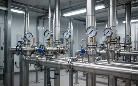 Industrielle Rohrleitungen und Ventile einer modernen Wasseranlage in einem technischen Betriebsraum. - Foto: über boerse-global.de