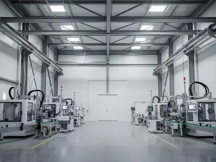 Eine moderne, sterile Industriehalle mit geometrischen Stahlträgern und kühler Beleuchtung, die eine professionelle Arbeitsumgebung symbolisiert. - Foto: über boerse-global.de